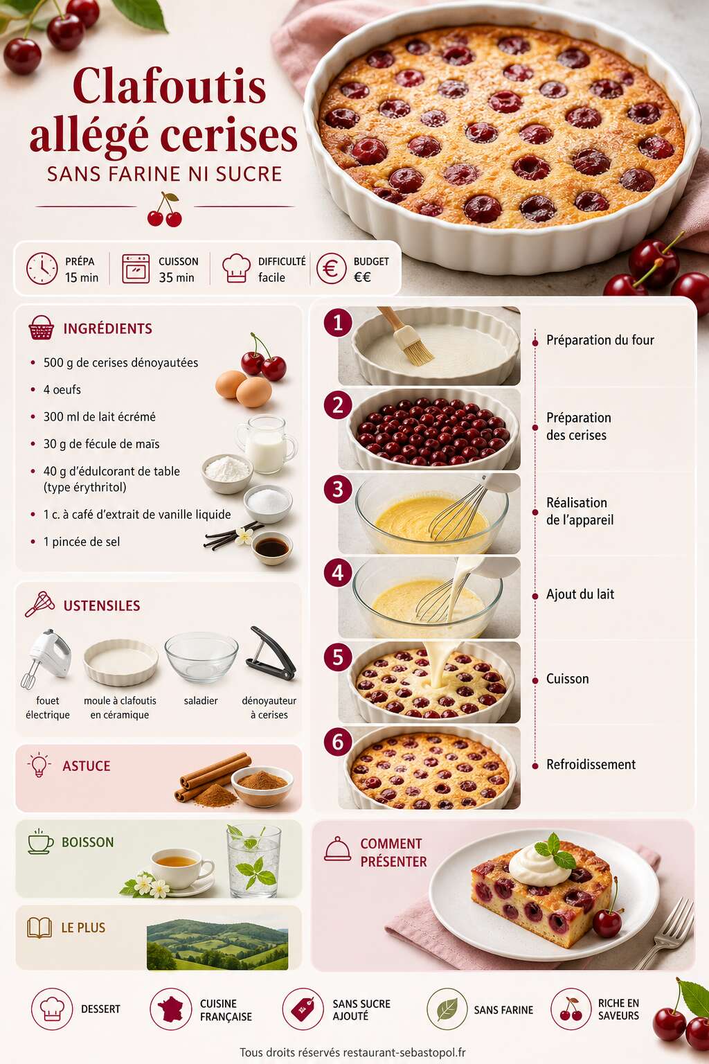 Fiche recette Clafoutis all&eacute;g&eacute; cerises sans farine ni sucre